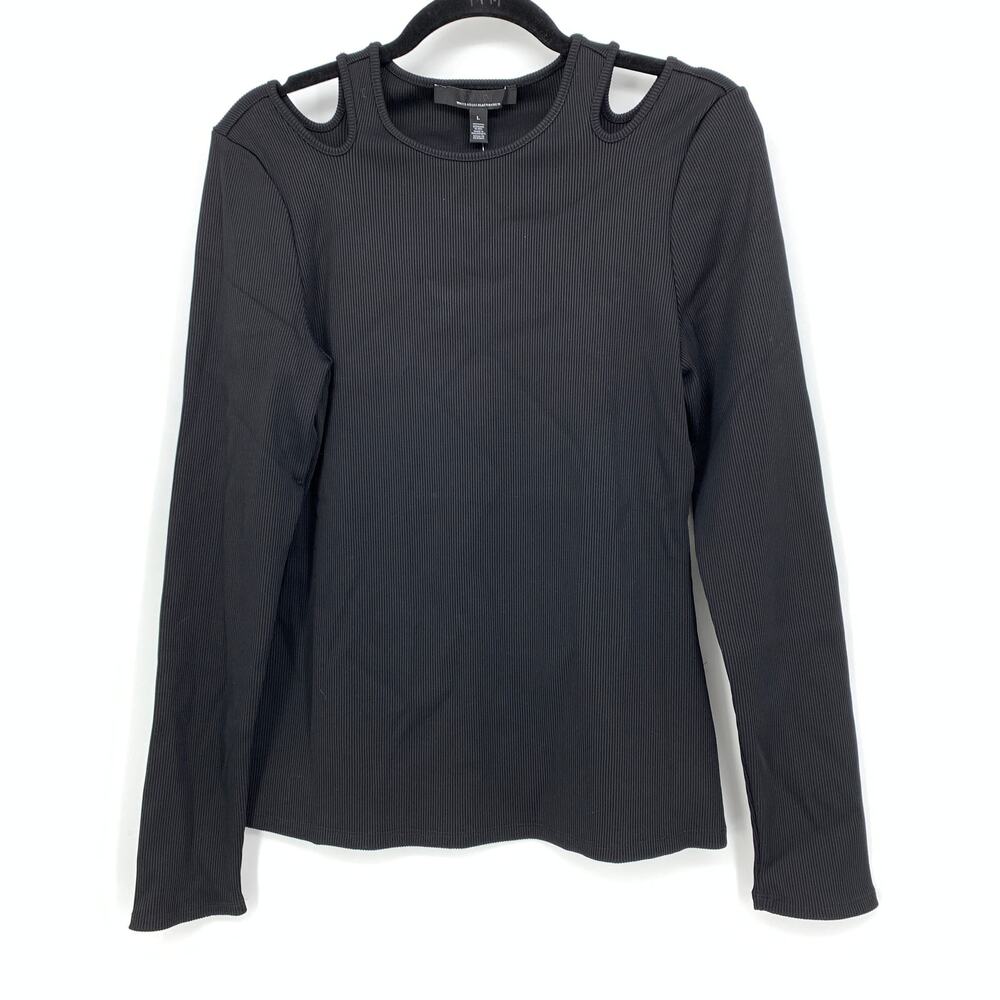 White House Black Market Cutout Ribbed Top Sz L Black Long Sleeve Stretch NEW